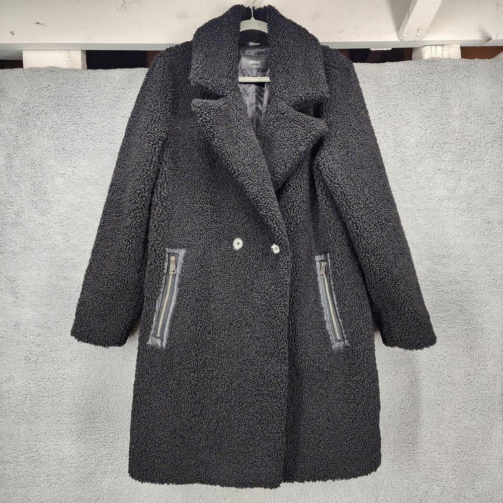 DKNY Women Black Faux Fur Teddy Coat Double Breasted Zipper Pocket Large